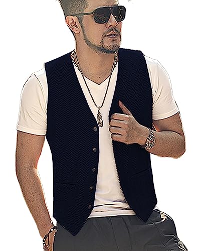 Yiaisafa Casual Jagd Herren Anzug Weste Herringbone Tweed Weste Vintage Retro Wollen Hochzeit Bräutigam Gilet S-3XL(Marine,L) von Yiaisafa