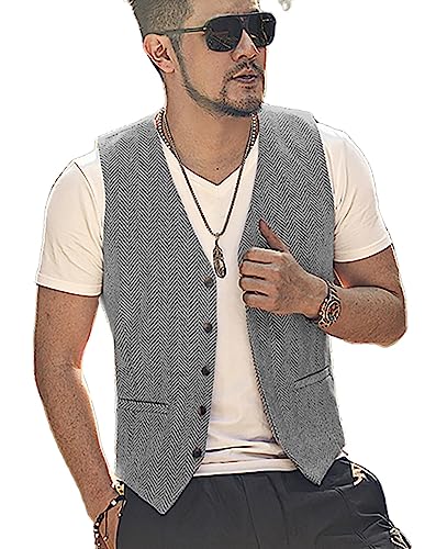 Yiaisafa Casual Jagd Herren Anzug Weste Herringbone Tweed Weste Vintage Retro Wollen Hochzeit Bräutigam Gilet S-3XL(Silber,XXXL) von Yiaisafa