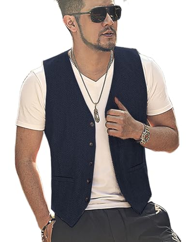 Yiaisafa Casual Jaged Herren Anzug Weste Herringbone Tweed Weste Vintage Retro Wollen Hochzeit Bräutigam Gilet S-3XL(Blau Marine,L) von Yiaisafa