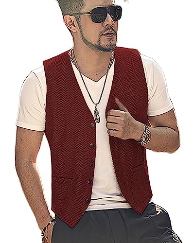 Yiaisafa Casual Jaged Herren Anzug Weste Herringbone Tweed Weste Vintage Retro Wollen Hochzeit Bräutigam Gilet S-3XL(Burgund,XXXL) von Yiaisafa