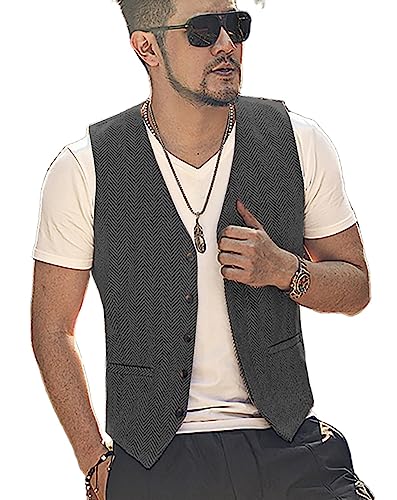Yiaisafa Casual Jagd Herren Anzug Weste Herringbone Tweed Weste Vintage Retro Wollen Hochzeit Bräutigam Gilet S-3XL(Grau,L) von Yiaisafa