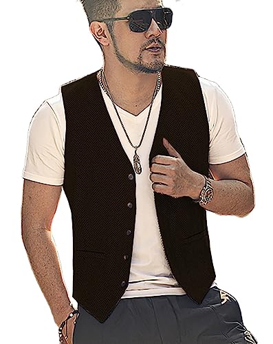 Yiaisafa Casual Jaged Herren Anzug Weste Herringbone Tweed Weste Vintage Retro Wollen Hochzeit Bräutigam Gilet S-3XL(Kaffee,L) von Yiaisafa