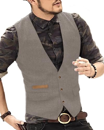 Yiaisafa Classic Herren Jaged Tweed Weste Retro Herringbone Anzug Weste Vintage Wollen Hochzeit Bräutigam Gilet Westen(Champagner,XXL) von Yiaisafa