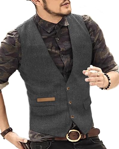 Yiaisafa Classic Herren Jaged Tweed Weste Retro Herringbone Anzug Weste Vintage Wollen Hochzeit Bräutigam Gilet Westen(Grau,M) von Yiaisafa