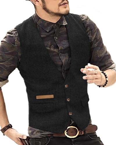 Yiaisafa Classic Herren Jaged Tweed Weste Retro Herringbone Anzug Weste Vintage Wollen Hochzeit Bräutigam Gilet Westen(Schwarz,XXL) von Yiaisafa