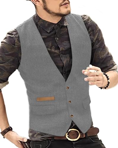 Yiaisafa Classic Herren Jaged Tweed Weste Retro Herringbone Anzug Weste Vintage Wollen Hochzeit Bräutigam Gilet Westen(Silber,L) von Yiaisafa