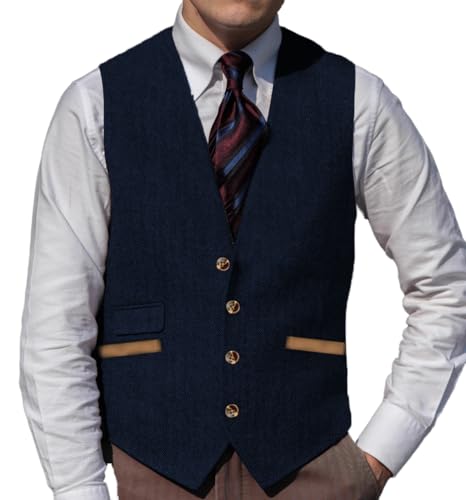 Yiaisafa Herren Anzug Tweed Weste Retro Jaged Weste Herringbone Vintage Gilet Wollen Westen Hochzeit Bräutigam S-3XL(Blau Marine,S) von Yiaisafa