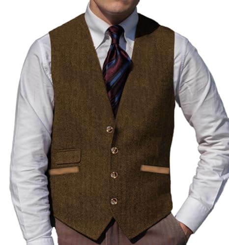 Yiaisafa Herren Anzug Tweed Weste Retro Jaged Weste Herringbone Vintage Gilet Wollen Westen Hochzeit Bräutigam S-3XL(Braun,XXXL) von Yiaisafa