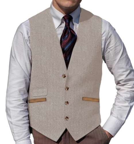 Yiaisafa Herren Anzug Tweed Weste Retro Jaged Weste Herringbone Vintage Gilet Wollen Westen Hochzeit Bräutigam S-3XL(Champagner,L) von Yiaisafa