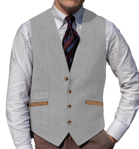 Yiaisafa Herren Anzug Tweed Weste Retro Jaged Weste Herringbone Vintage Gilet Wollen Westen Hochzeit Bräutigam S-3XL(Silber,XXL) von Yiaisafa