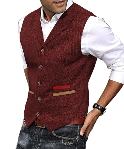 Yiaisafa Herren Anzug Weste Jagd Herringbone Tweed Westen Gilet Wollen Notch Retro Vintage Hochzeit Bräutigam Lässig(Burgund,S) von Yiaisafa