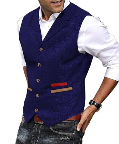 Yiaisafa Herren Anzug Weste Jagd Herringbone Tweed Westen Gilet Wollen Notch Retro Vintage Hochzeit Bräutigam Lässig(Königsblau,XXXL) von Yiaisafa
