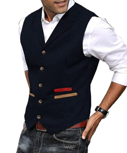 Yiaisafa Herren Anzug Weste Jagd Herringbone Tweed Westen Gilet Wollen Notch Retro Vintage Hochzeit Bräutigam Lässig(Marine,XXXL) von Yiaisafa
