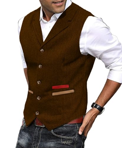 Yiaisafa Herren Anzug Weste Jagd Herringbone Tweed Westen Gilet Wollen Notch Retro Vintage Hochzeit Bräutigam Lässig(Orange,L) von Yiaisafa