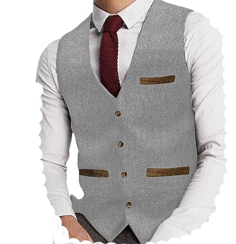 Yiaisafa Herren Tweed Anzug Weste Jagd Herringbone Weste Vintage Retro Wollen Hochzeit Bräutigam Gilet S-3XL(Silber,L) von Yiaisafa