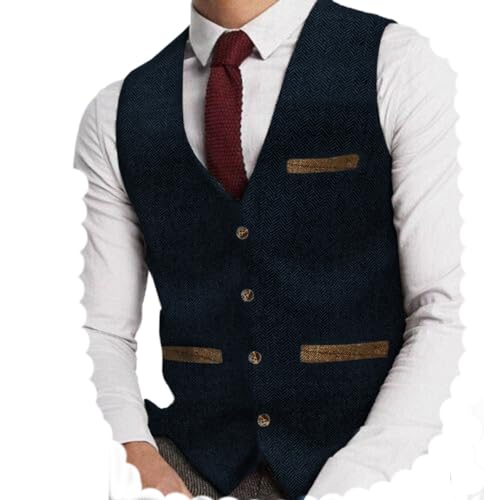 Yiaisafa Herren Tweed Anzug Weste Jaged Herringbone Weste Vintage Retro Wollen Hochzeit Bräutigam Gilet S-3XL(Blau Marine,XL) von Yiaisafa