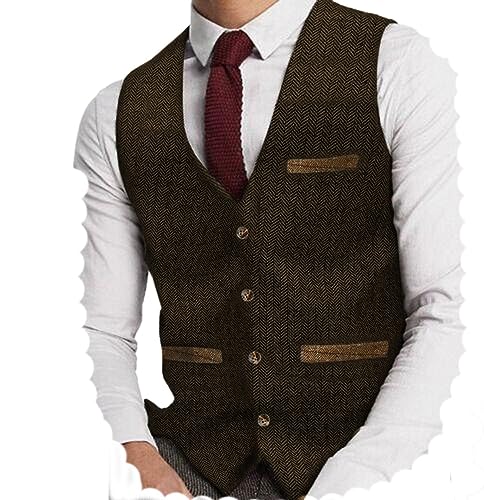 Yiaisafa Herren Tweed Anzug Weste Jaged Herringbone Weste Vintage Retro Wollen Hochzeit Bräutigam Gilet S-3XL(Braun,L) von Yiaisafa