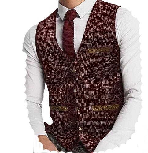 Yiaisafa Herren Tweed Anzug Weste Jagd Herringbone Weste Vintage Retro Wollen Hochzeit Bräutigam Gilet S-3XL(Burgund,XL) von Yiaisafa