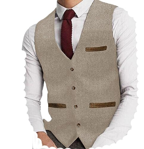 Yiaisafa Herren Tweed Anzug Weste Jaged Herringbone Weste Vintage Retro Wollen Hochzeit Bräutigam Gilet S-3XL(Champagner,L) von Yiaisafa