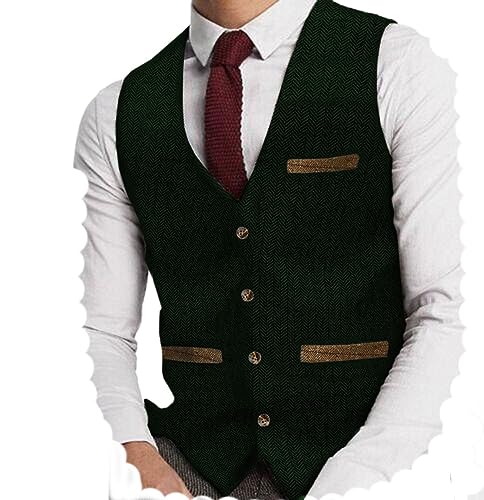 Yiaisafa Herren Tweed Anzug Weste Jaged Herringbone Weste Vintage Retro Wollen Hochzeit Bräutigam Gilet S-3XL(Dunkelgrün,XL) von Yiaisafa