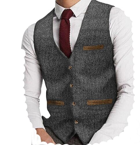 Yiaisafa Herren Tweed Anzug Weste Jaged Herringbone Weste Vintage Retro Wollen Hochzeit Bräutigam Gilet S-3XL(Grau,XL) von Yiaisafa