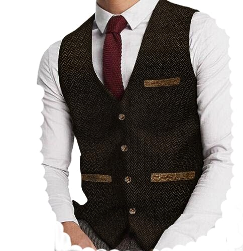 Yiaisafa Herren Tweed Anzug Weste Jaged Herringbone Weste Vintage Retro Wollen Hochzeit Bräutigam Gilet S-3XL(Kaffee,XL) von Yiaisafa