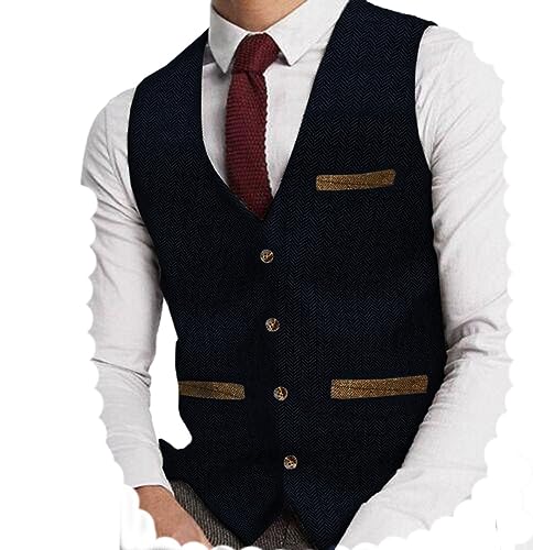 Yiaisafa Herren Tweed Anzug Weste Jaged Herringbone Weste Vintage Retro Wollen Hochzeit Bräutigam Gilet S-3XL(Marine,L) von Yiaisafa