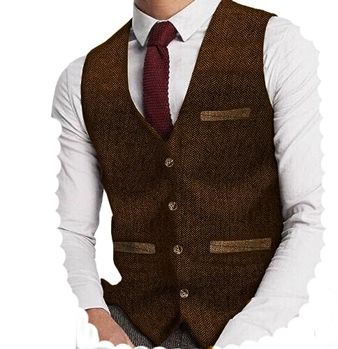 Yiaisafa Herren Tweed Anzug Weste Jaged Herringbone Weste Vintage Retro Wollen Hochzeit Bräutigam Gilet S-3XL(Orange,XXL) von Yiaisafa