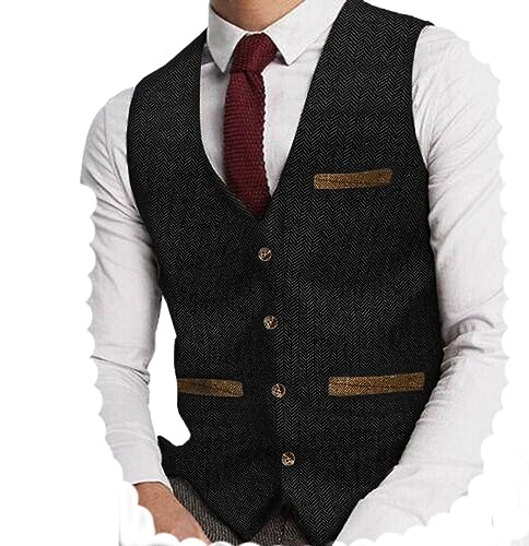 Yiaisafa Herren Tweed Anzug Weste Jaged Herringbone Weste Vintage Retro Wollen Hochzeit Bräutigam Gilet S-3XL(Schwarz,M) von Yiaisafa