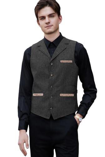 Yiaisafa Hipster Herren Tweed Westen Notch Retro Herringbone Weste Vintage Jaged Hochzeit Gilet Wollen Lässig Bräutigam(Grau,M) von Yiaisafa