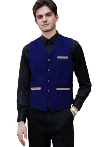 Yiaisafa Hipster Herren Tweed Westen Notch Retro Herringbone Weste Vintage Jaged Hochzeit Gilet Wollen Lässig Bräutigam(Königsblau,XXXL) von Yiaisafa