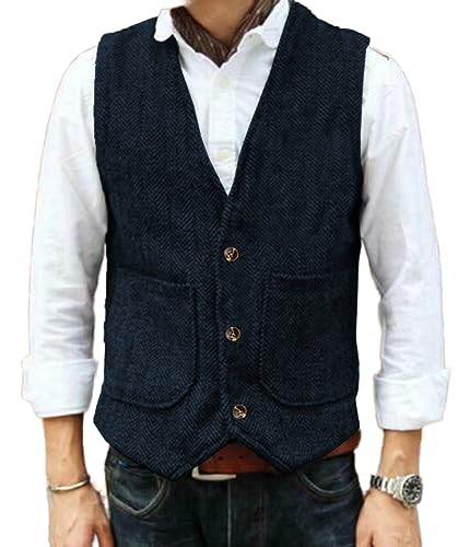 Yiaisafa Hipster Jaged Herren Anzug Tweed Westen Notch Retro Herringbone Weste Vintage Hochzeit Gilet Wollen Bräutigam(Blau Marine,L) von Yiaisafa