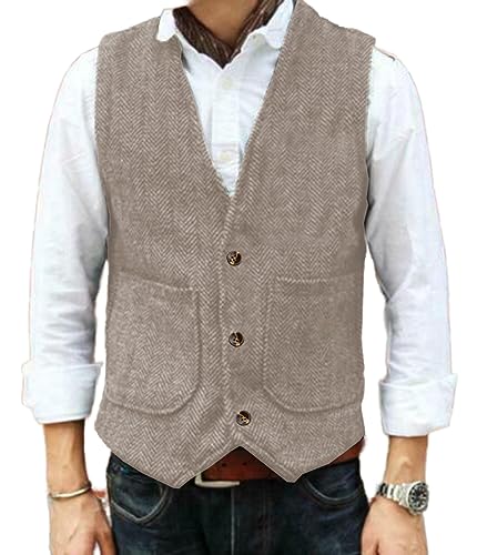 Yiaisafa Hipster Jaged Herren Anzug Tweed Westen Notch Retro Herringbone Weste Vintage Hochzeit Gilet Wollen Bräutigam(Champagner,XL) von Yiaisafa