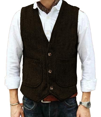 Yiaisafa Hipster Jaged Herren Anzug Tweed Westen Notch Retro Herringbone Weste Vintage Hochzeit Gilet Wollen Bräutigam(Kaffee,L) von Yiaisafa