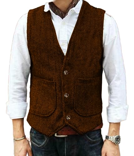 Yiaisafa Hipster Jaged Herren Anzug Tweed Westen Notch Retro Herringbone Weste Vintage Hochzeit Gilet Wollen Bräutigam(Orange,L) von Yiaisafa