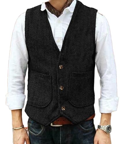 Yiaisafa Hipster Jaged Herren Anzug Tweed Westen Notch Retro Herringbone Weste Vintage Hochzeit Gilet Wollen Bräutigam(Schwarz,L) von Yiaisafa