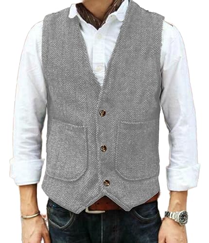 Yiaisafa Hipster Jaged Herren Anzug Tweed Westen Notch Retro Herringbone Weste Vintage Hochzeit Gilet Wollen Bräutigam(Silber,L) von Yiaisafa