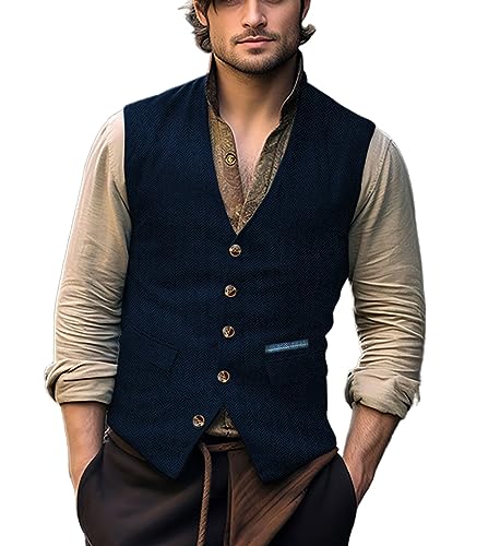 Yiaisafa Jagd Herren Anzug Tweed Westen Retro Herringbone Weste Vintage Hochzeit Gilet Wollen Lässig Bräutigam S-3XL(Blau Marine,M) von Yiaisafa