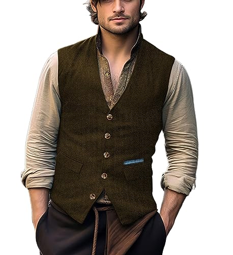 Yiaisafa Jagd Herren Anzug Tweed Westen Retro Herringbone Weste Vintage Hochzeit Gilet Wollen Lässig Bräutigam S-3XL(Braun,M) von Yiaisafa