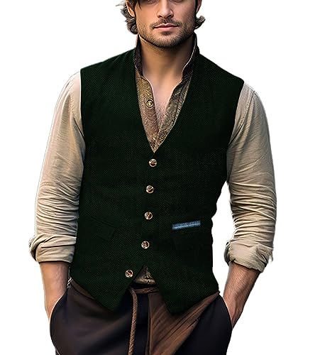 Yiaisafa Jagd Herren Anzug Tweed Westen Retro Herringbone Weste Vintage Hochzeit Gilet Wollen Lässig Bräutigam S-3XL(Dunkelgrün,XXXL) von Yiaisafa