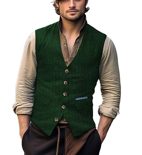 Yiaisafa Jagd Herren Anzug Tweed Westen Retro Herringbone Weste Vintage Hochzeit Gilet Wollen Lässig Bräutigam S-3XL(Grün,XXL) von Yiaisafa