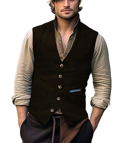 Yiaisafa Jagd Herren Anzug Tweed Westen Retro Herringbone Weste Vintage Hochzeit Gilet Wollen Lässig Bräutigam S-3XL(Kaffee,XL) von Yiaisafa