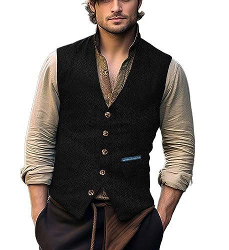 Yiaisafa Jagd Herren Anzug Tweed Westen Retro Herringbone Weste Vintage Hochzeit Gilet Wollen Lässig Bräutigam S-3XL(Schwarz,S) von Yiaisafa
