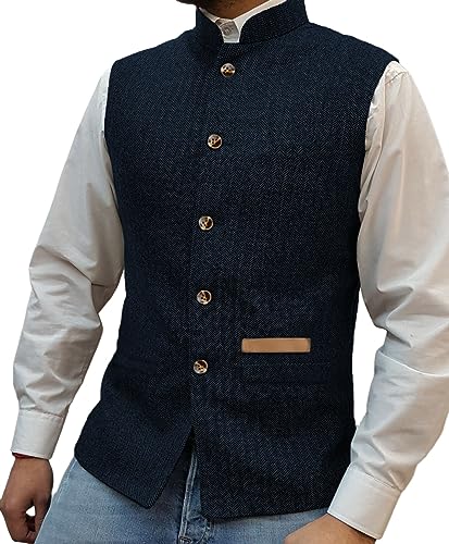Yiaisafa Jagd Herren Stand-Up Kragen Mock Tweed Westen Retro Herringbone Weste Vintage Hochzeit Gilet Wollen Bräutigam(Blau Marine,L) von Yiaisafa