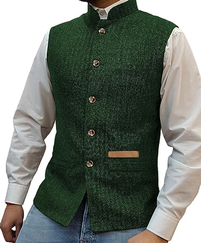 Yiaisafa Jagd Herren Stand-Up Kragen Mock Tweed Westen Retro Herringbone Weste Vintage Hochzeit Gilet Wollen Bräutigam(Grün,S) von Yiaisafa