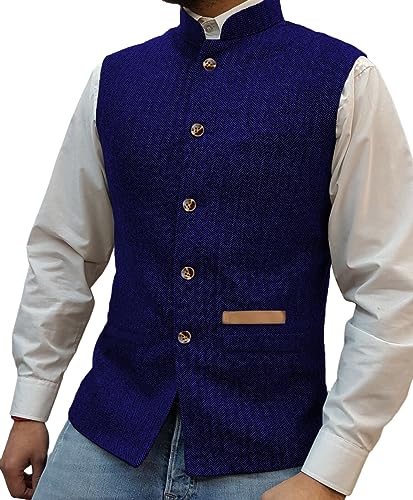 Yiaisafa Jagd Herren Stand-Up Kragen Mock Tweed Westen Retro Herringbone Weste Vintage Hochzeit Gilet Wollen Bräutigam(Königsblau,S) von Yiaisafa