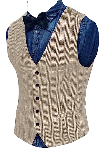 Yiaisafa Jagd Herren Weste Tweed Anzug Weste Herringbone Retro Vintage Wollen Hochzeit Business Bräutigam S-3XL(Champagner,M) von Yiaisafa