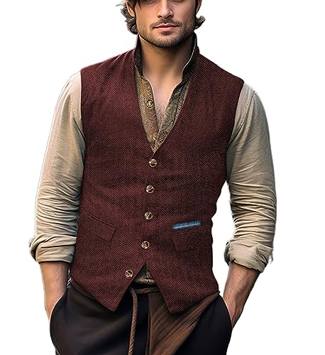 Yiaisafa Jaged Herren Anzug Tweed Westen Retro Herringbone Weste Vintage Hochzeit Gilet Wollen Lässig Bräutigam S-3XL(Burgund,L) von Yiaisafa