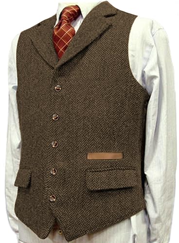 Yiaisafa Jaged Herren Herringbone Tweed Weste Wollen Notch Retro Gilet Westen Vintage Hochzeit Bräutigam Lässig S-3XL(Braun,L) von Yiaisafa