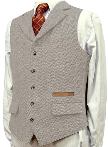 Yiaisafa Jaged Herren Herringbone Tweed Weste Wollen Notch Retro Gilet Westen Vintage Hochzeit Bräutigam Lässig S-3XL(Champagner,XXL) von Yiaisafa